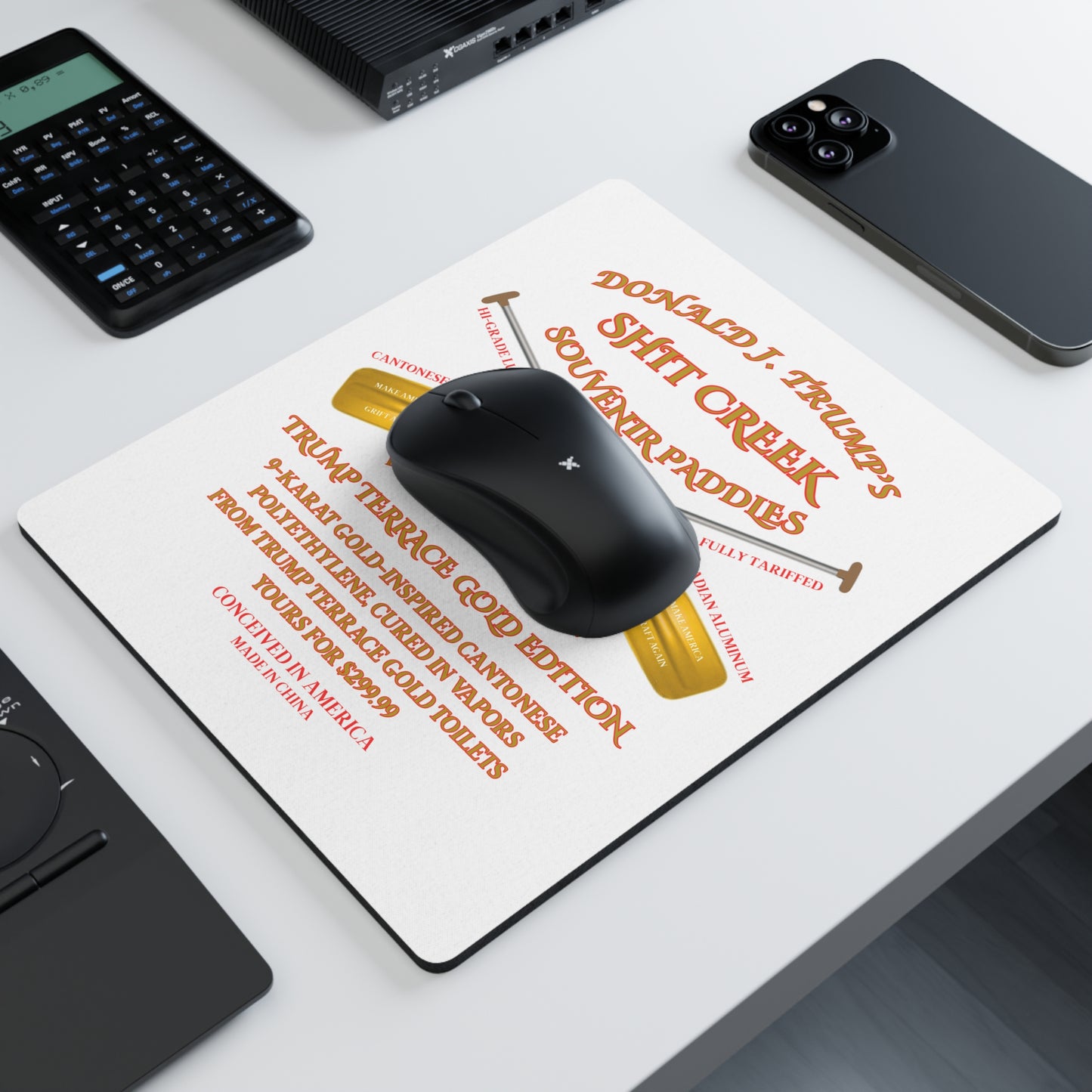 Mouse Pad Satirical - 'DJT Shit Creek Paddles - Gold Edition'